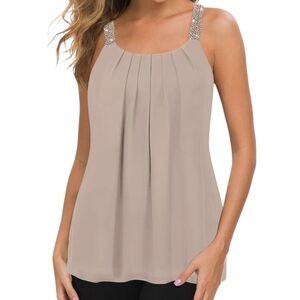 NWT Maner 3X Tan Tunic Chiffon Tank Top Beaded Straps Neutral Plus Girlie